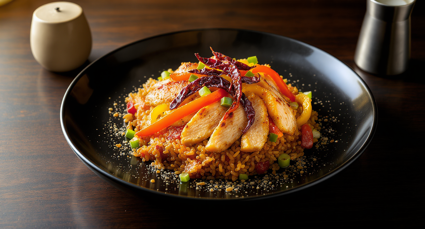 Spicy Sichuan-Style Crispy Rice with Chicken and Peppers