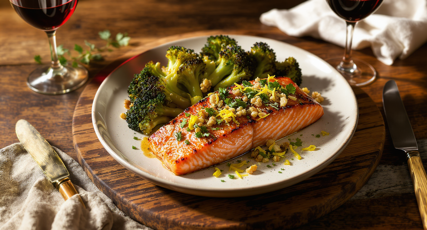 Lemon-Herb Salmon with Roasted Broccoli and Walnut Gremolata
