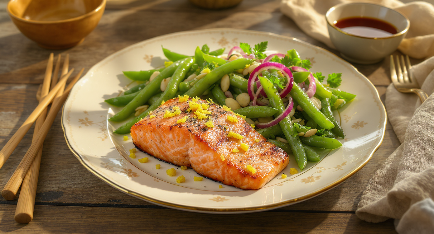 Lemon Herb Grilled Salmon with Crunchy Green Bean Salad