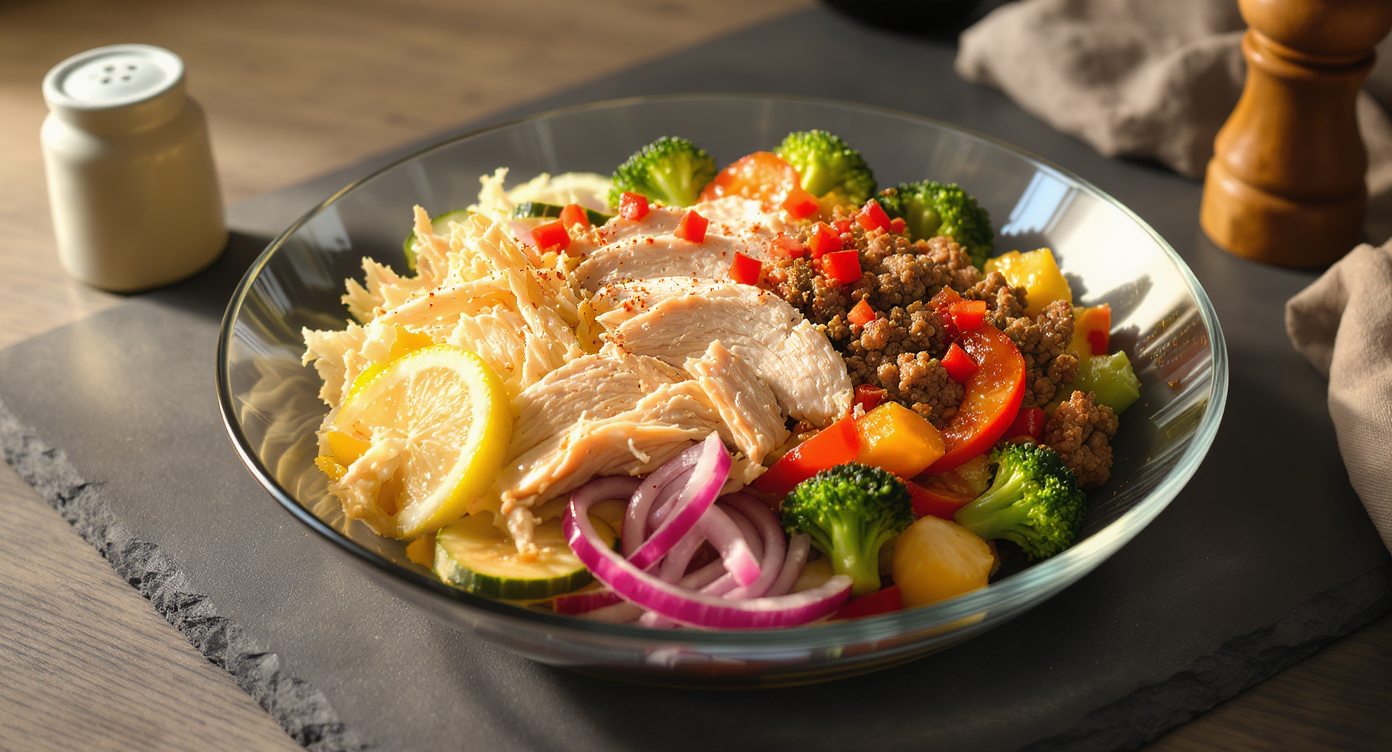 Keto Protein Power Bowl with Shredded Chicken, Ground Beef, and Summer Vegetables