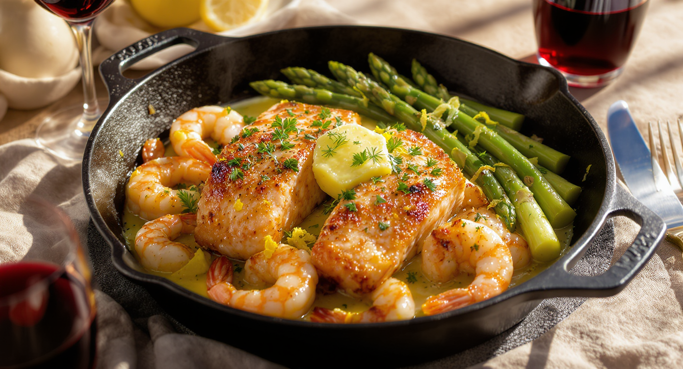 Seared Salmon & Shrimp with Garlic-Herb Butter and Asparagus