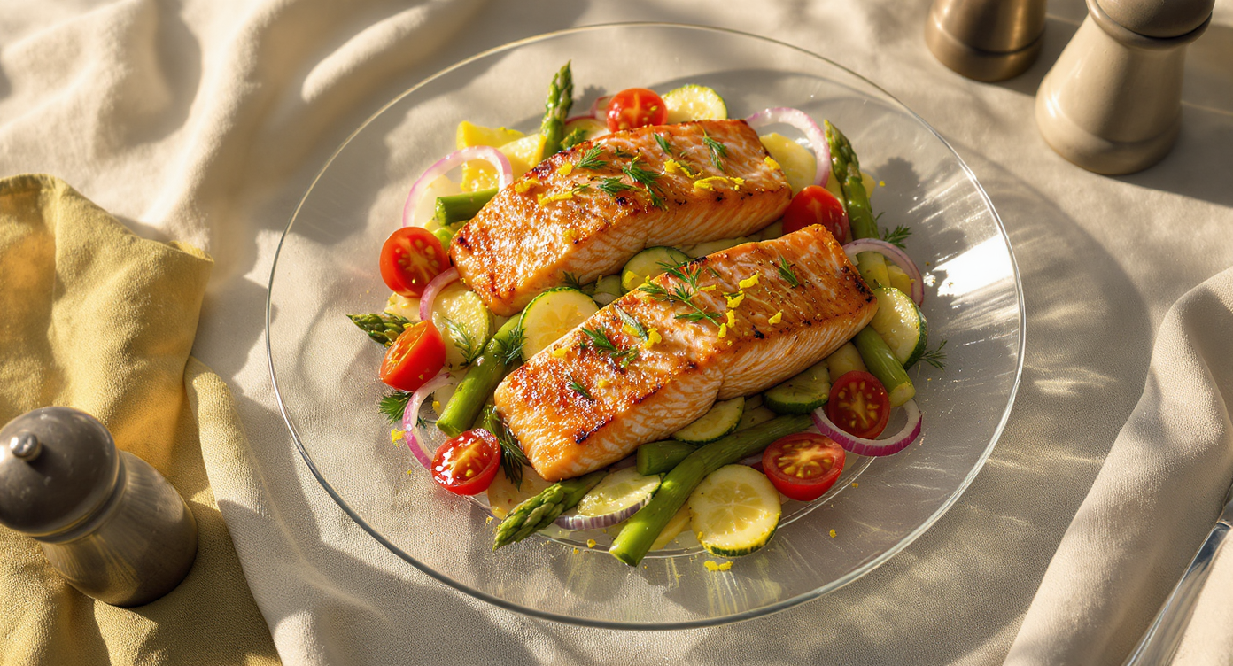 Seared Salmon with Dill-Lemon Vegetable Medley