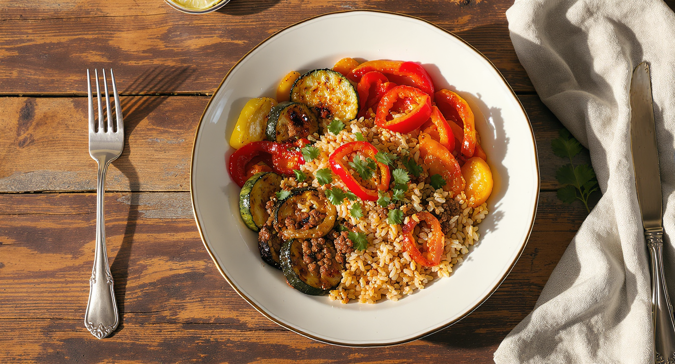 Charred Veggie & Ground Beef Rice Bowl