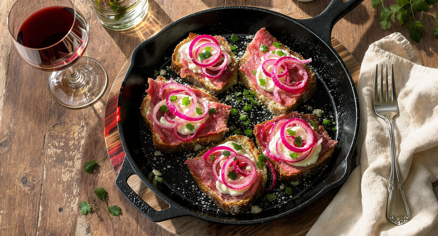 Leftover Roast Beef Toasts with Horseradish Cream and Quick Pickled Onions
