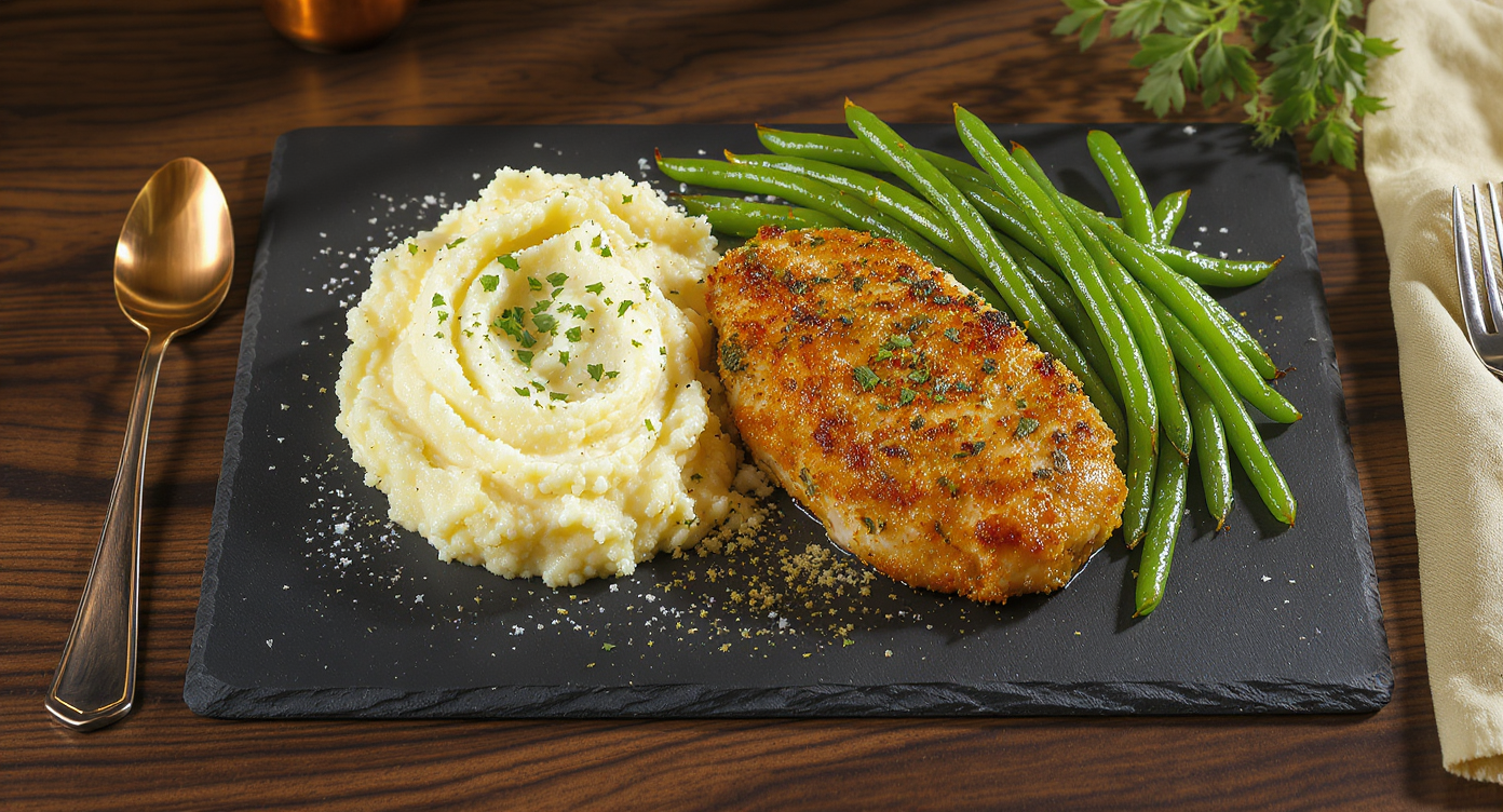 Herb-Crusted Chicken with Creamy Cauliflower Mash & Roasted Green Beans