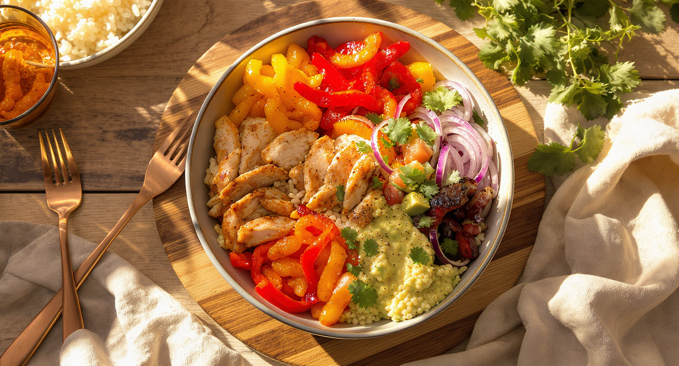 Cal-Mex Chicken & Veggie Fajita Bowls with Charred Peppers and Avocado Salsa