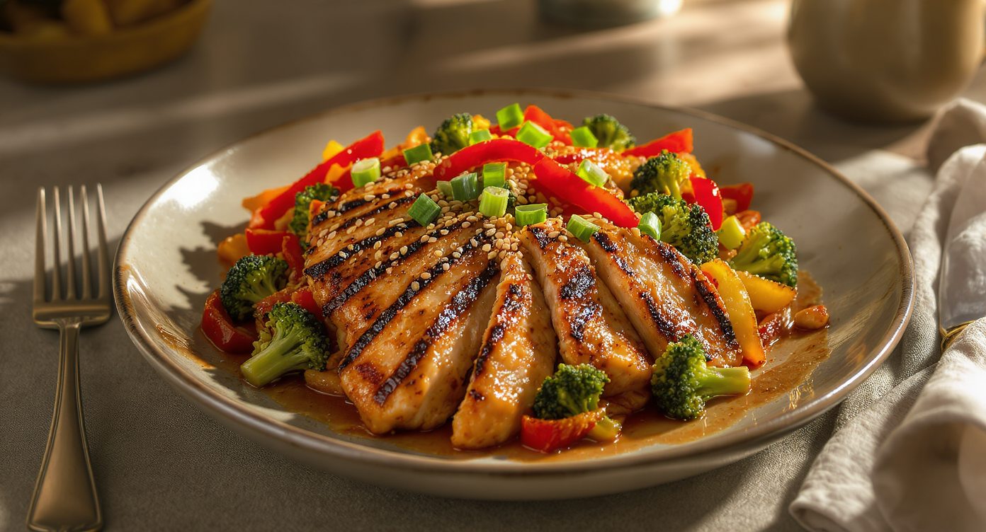 Sesame-Ginger Grilled Chicken with Stir-Fried Broccoli and Peppers
