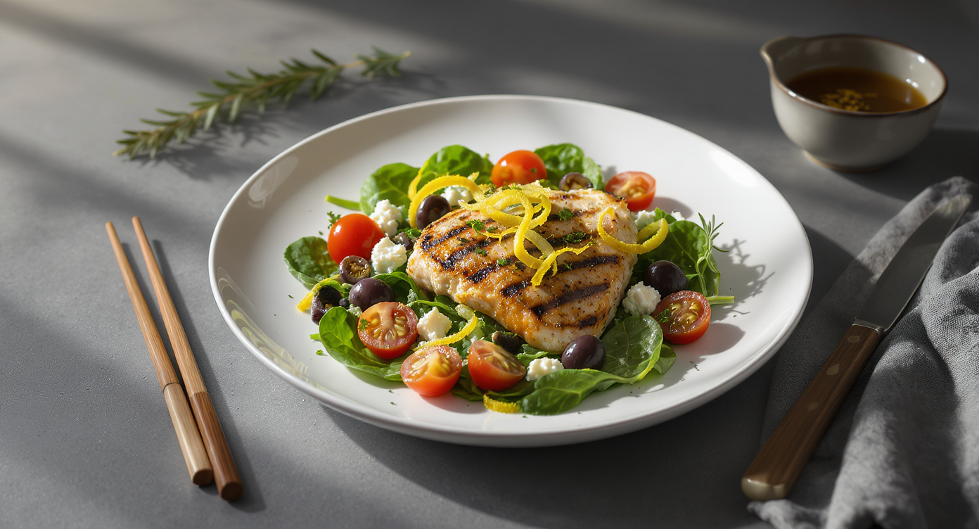 Mediterranean Lemon Herb Grilled Chicken with Feta Spinach Salad