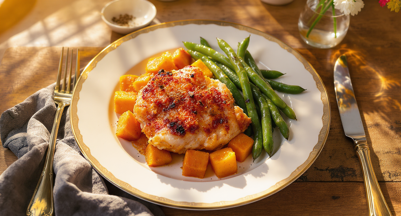 Brined Chicken Thighs with Roasted Sweet Potatoes & Garlicky Green Beans
