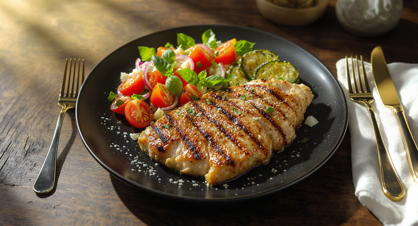 Italian Grilled Chicken with Fresh Tomato-Basil Salad & Parmesan Zucchini