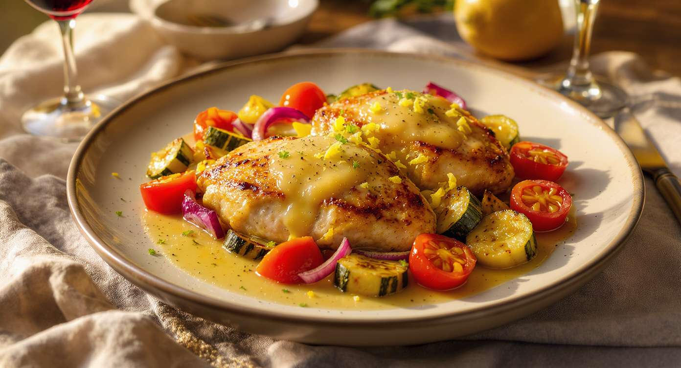 Mediterranean Chicken with Lemon-Olive Pan Sauce and Roasted Veggies