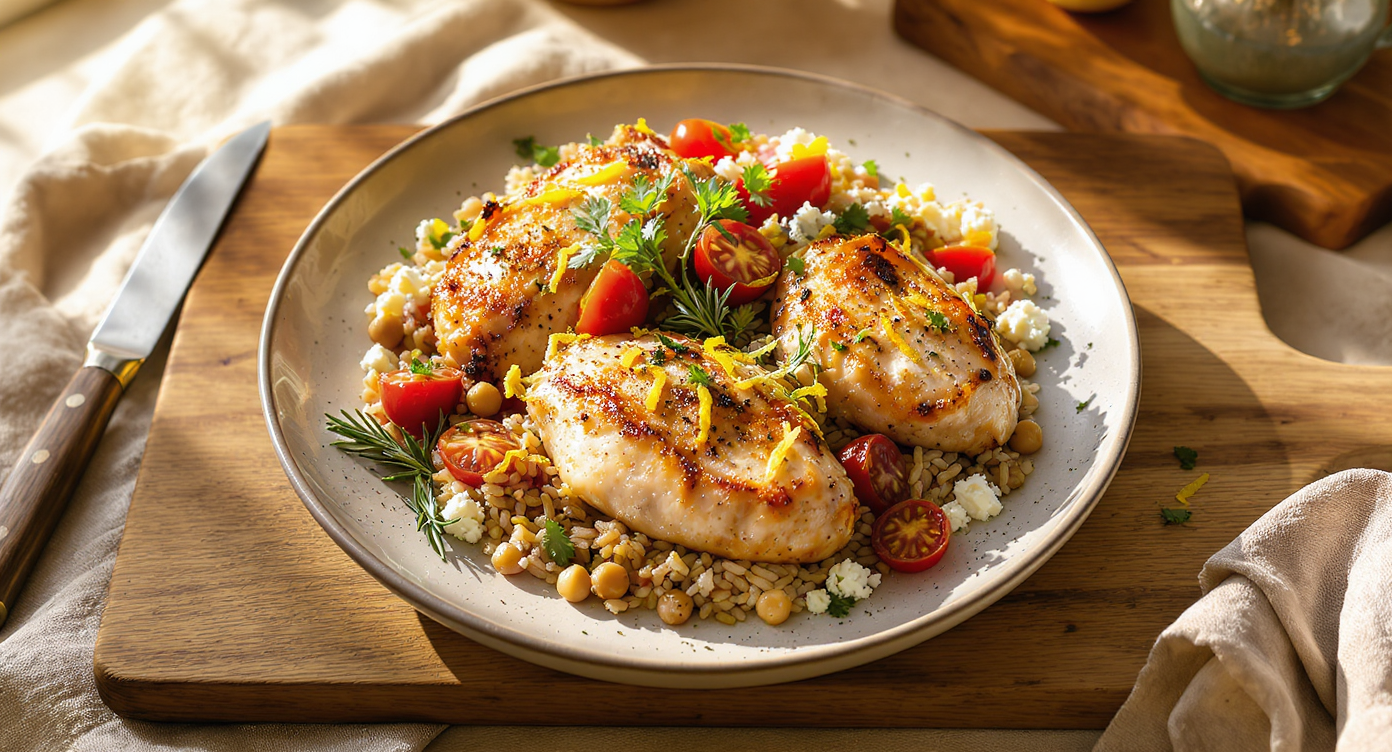 Mediterranean Lemon Herb Chicken with Chickpea Pilaf