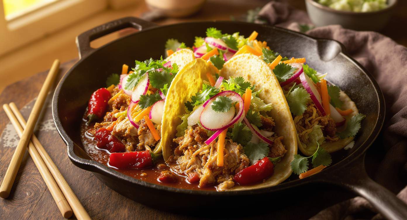 Chicken Tinga Tacos with Quick Pickled Veggies & Roasted Tomatillo Salsa