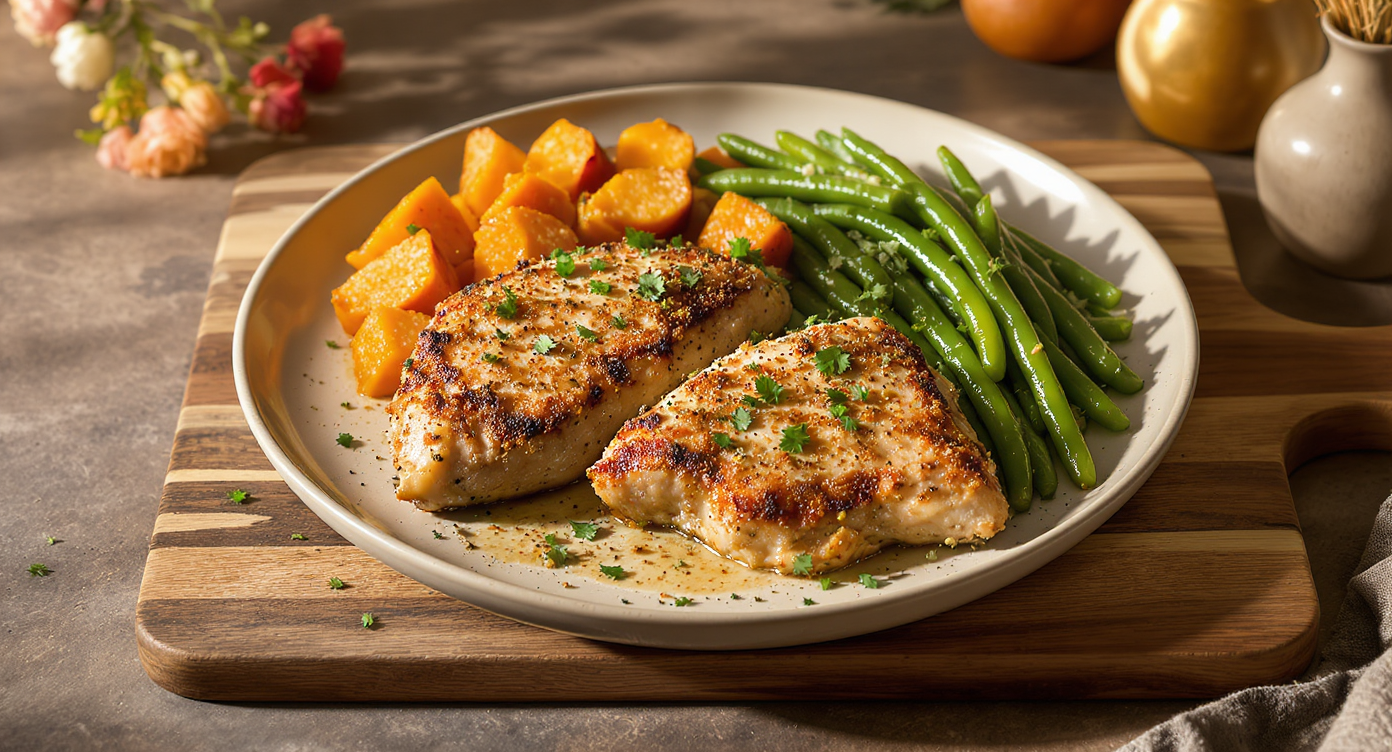 Herb-Crusted Chicken with Roasted Sweet Potatoes and Garlic Green Beans