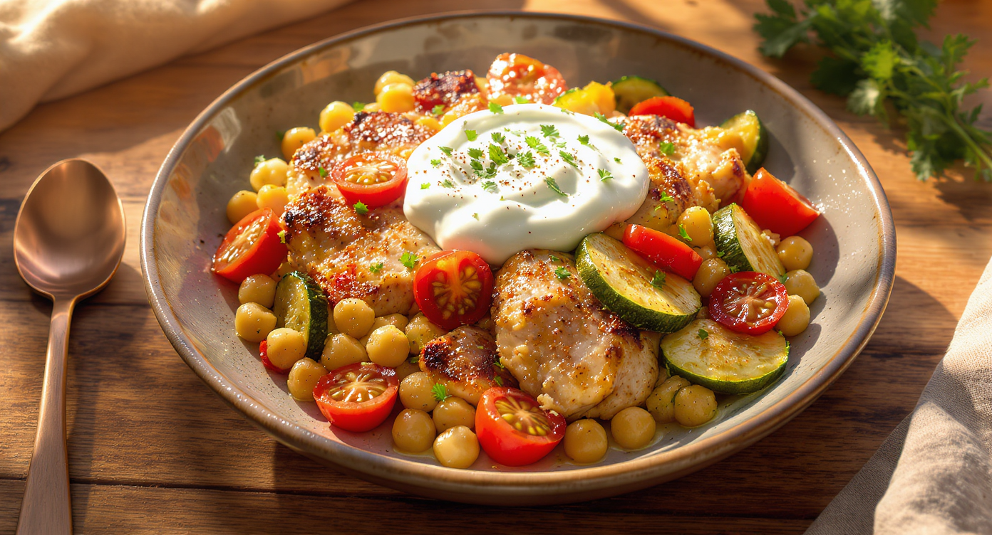 Mediterranean Chicken & Chickpea Skillet with Lemon-Herb Yogurt