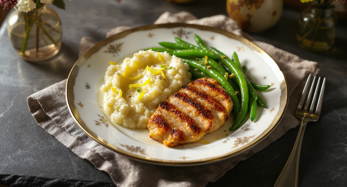 Keto Chicken & Cauliflower Mash with Garlicky Green Beans