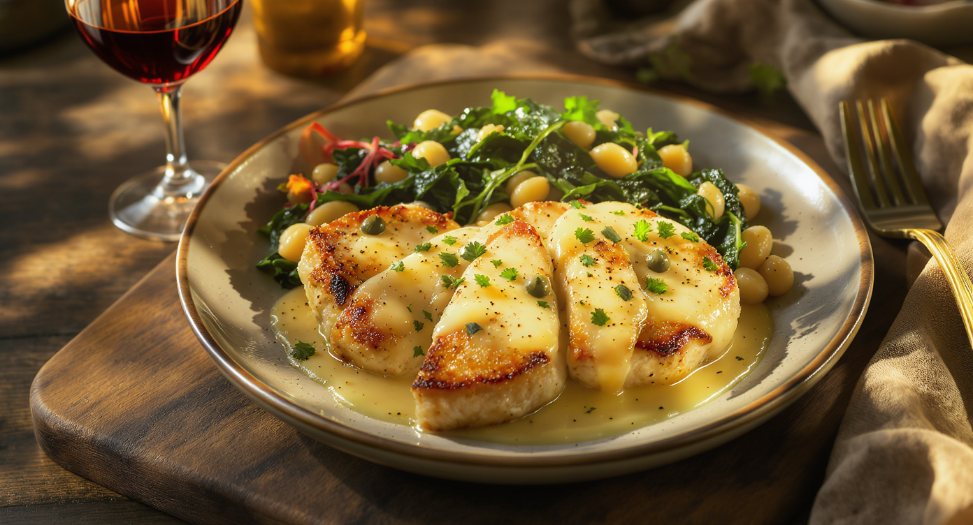 Italian Chicken Piccata with Garlic Spinach and White Beans
