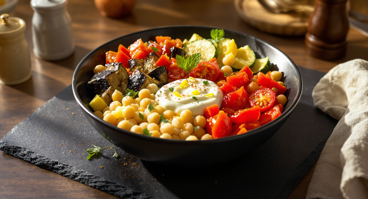 Mediterranean Roasted Vegetable & Chickpea Bowl with Lemon-Herb Yogurt Sauce