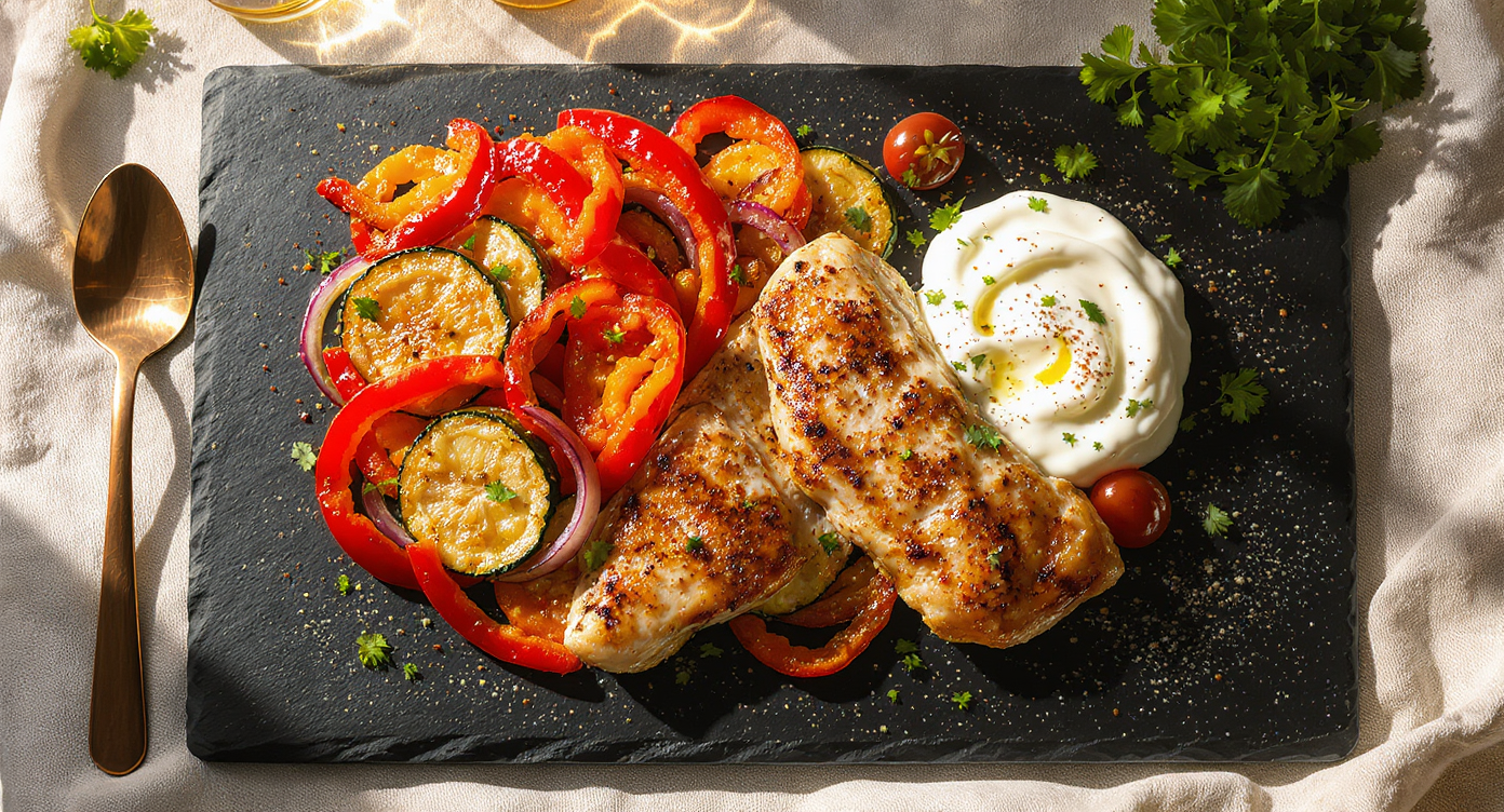 Mediterranean Chicken with Roasted Vegetables and Lemon Herb Yogurt