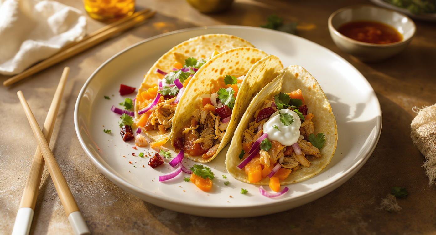 Chicken Tinga Tacos with Roasted Tomatillo Salsa and Pickled Veggies