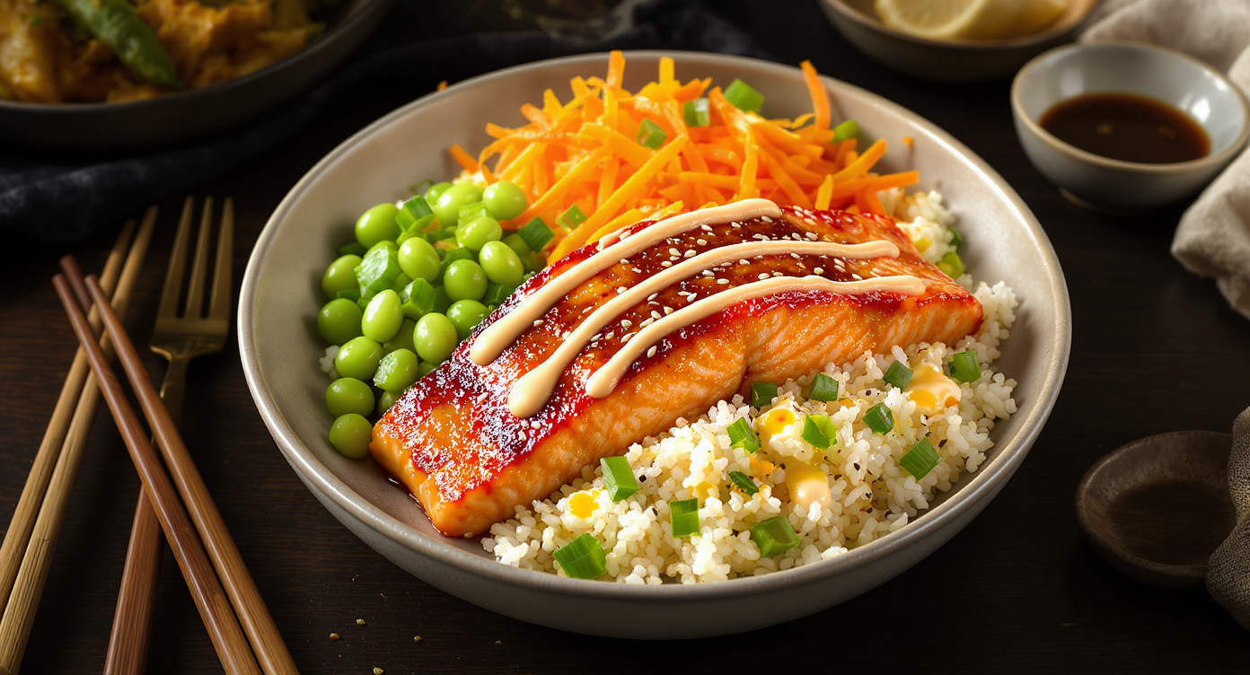 Soy-Ginger Glazed Salmon Bowls with Sriracha Mayo and Sesame Rice