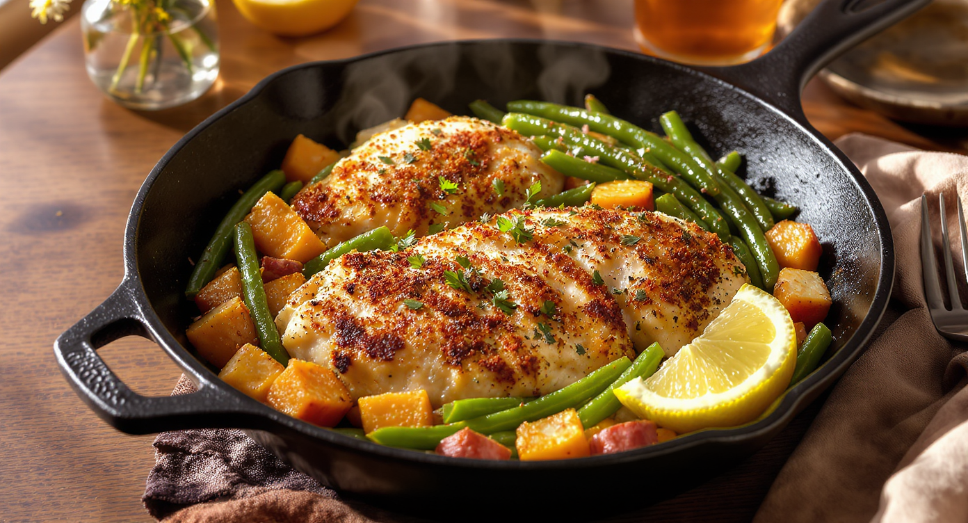 Herb-Crusted Chicken with Roasted Sweet Potato and Green Bean Medley
