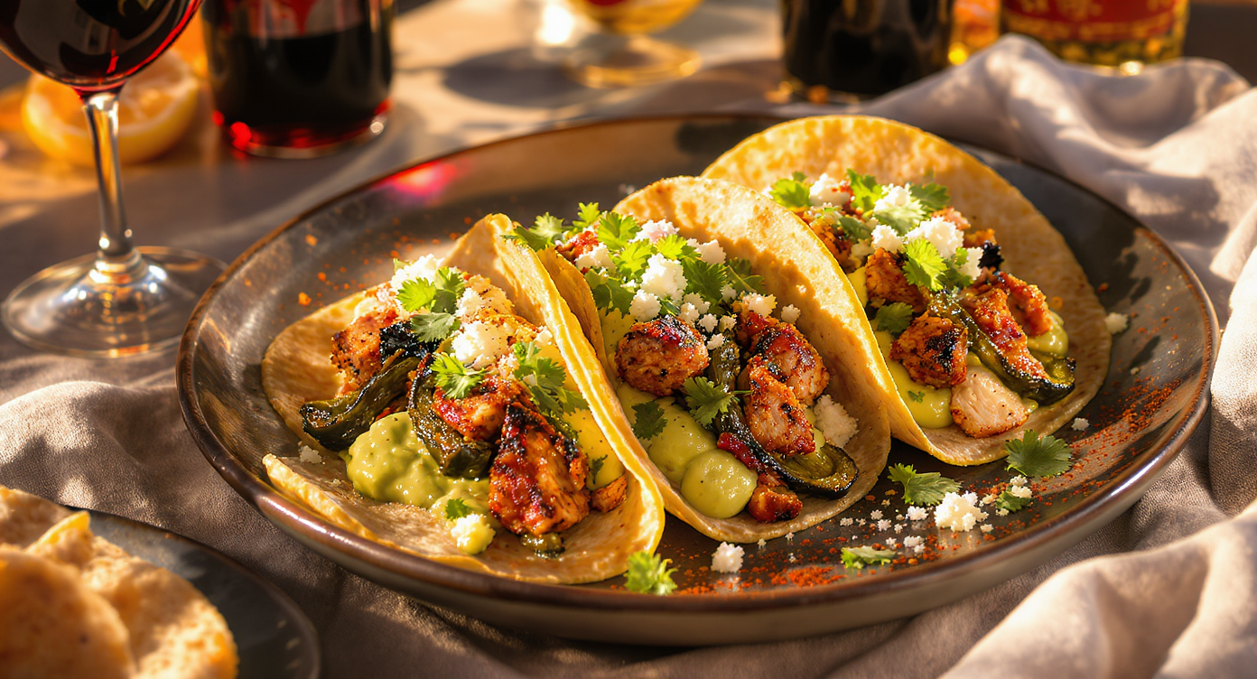 Charred Chile Chicken Tacos with Avocado Crema