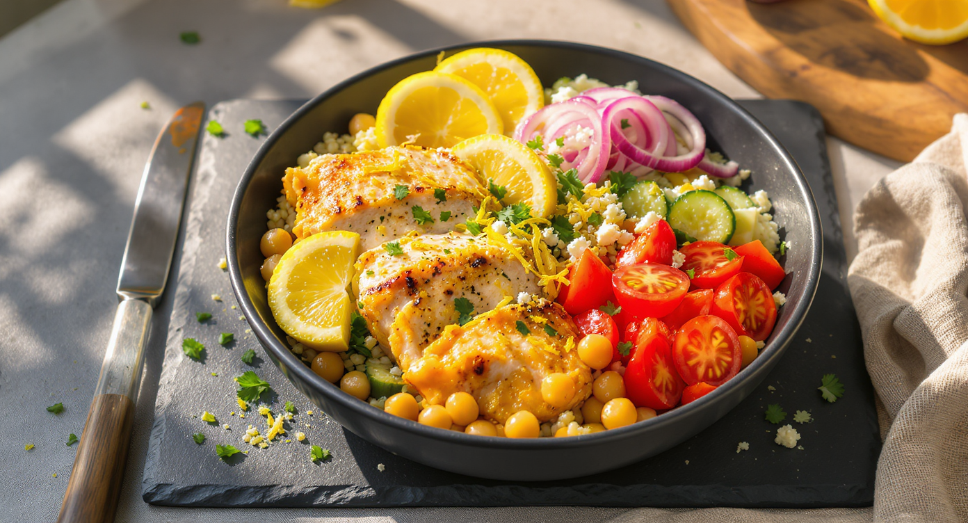 Mediterranean Lemon Herb Chicken & Chickpea Power Bowls