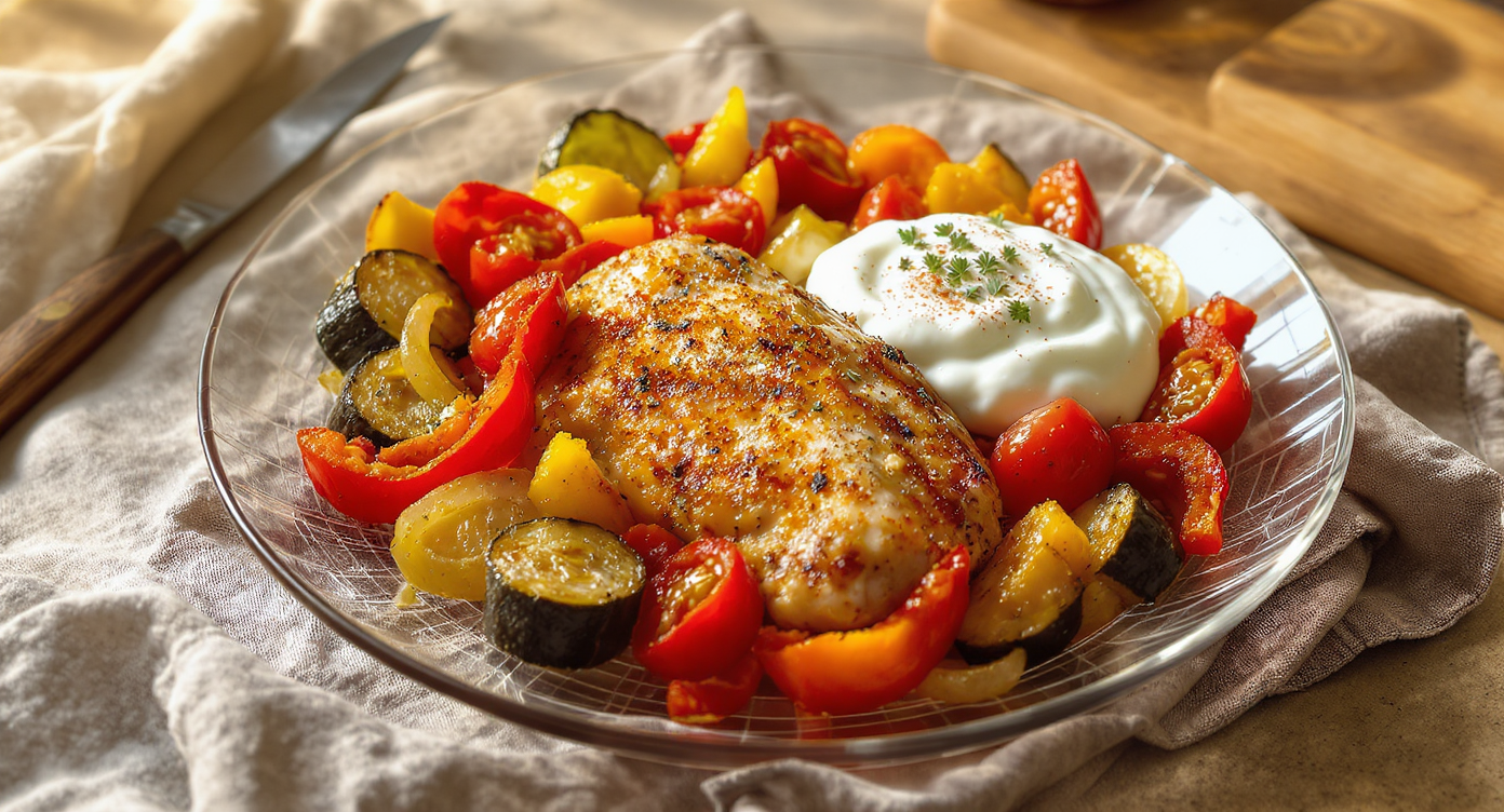One-Pan Herb Chicken with Roasted Vegetables & Creamy Greek Yogurt Sauce