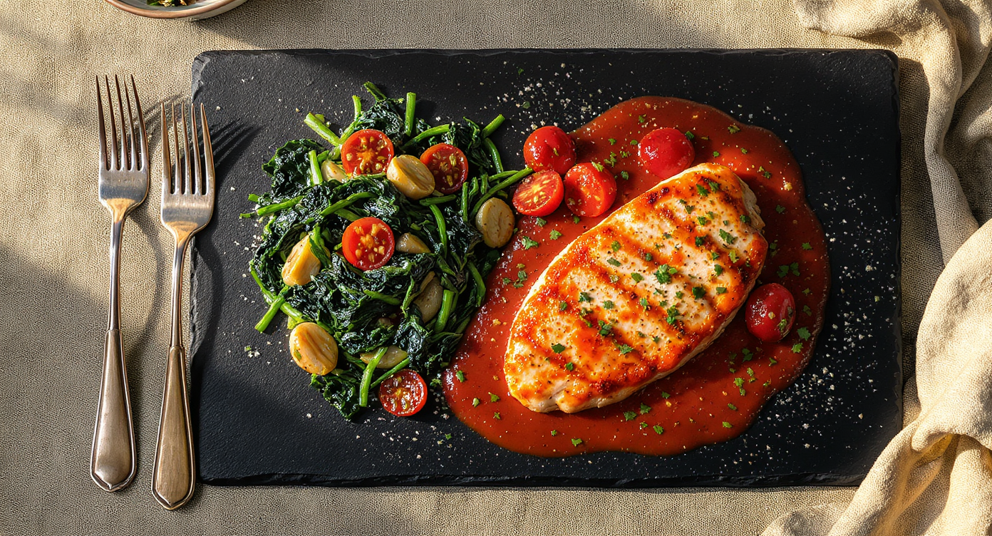 Italian Herbed Chicken with Garlicky Sautéed Spinach and Tomato Pan Sauce