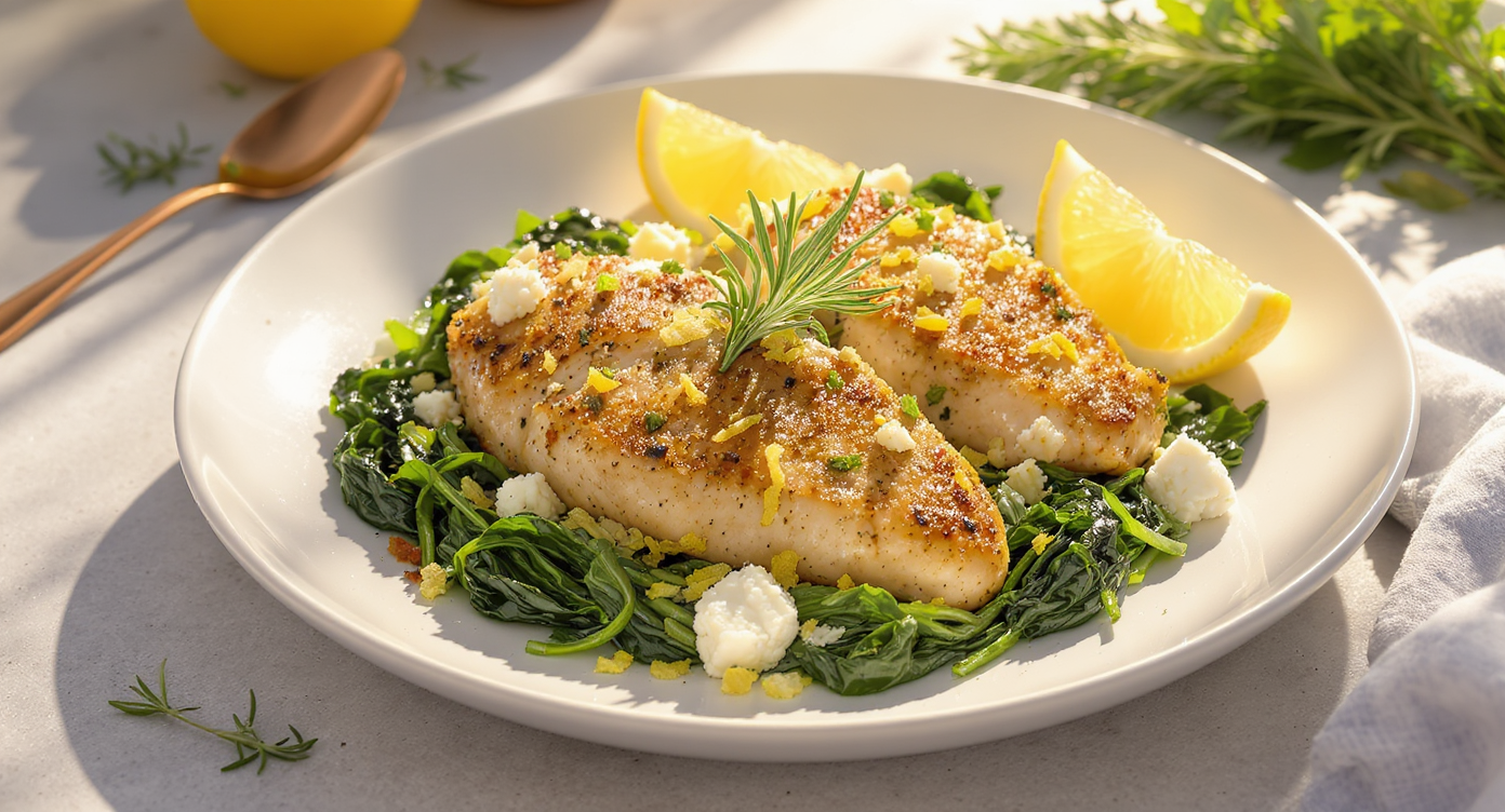 Mediterranean Lemon-Herb Chicken Skillet with Wilted Spinach and Feta