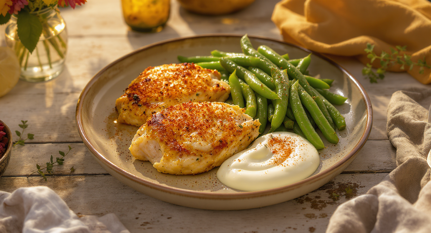 Herb-Roasted Chicken Thighs with Garlic Green Beans and Lemon Yogurt Sauce