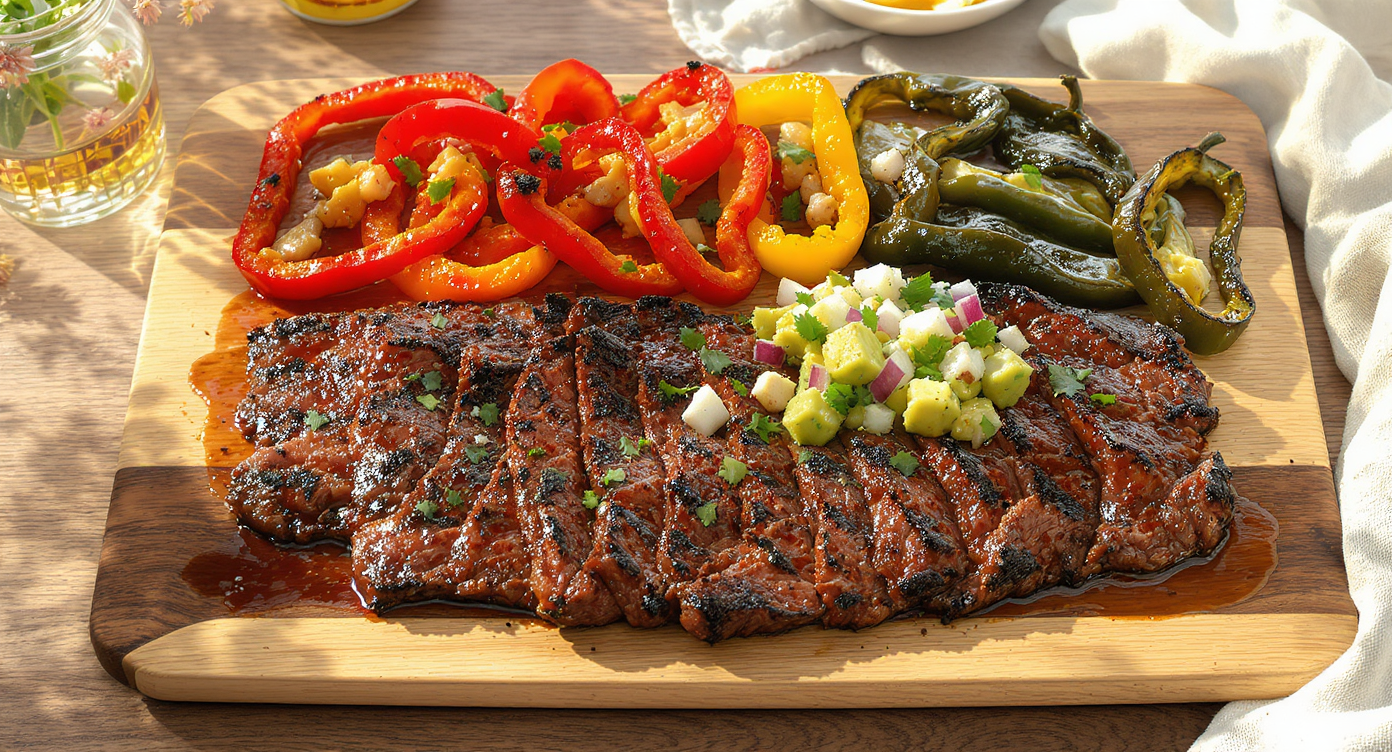 Grilled Carne Asada with Charred Peppers & Avocado Salsa