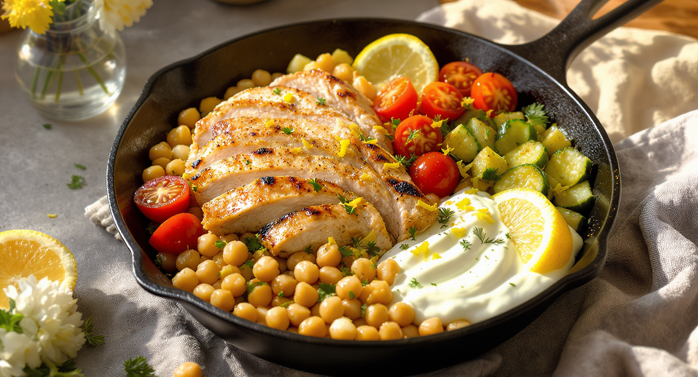 Mediterranean Grilled Chicken & Chickpea Bowl with Herby Yogurt Sauce