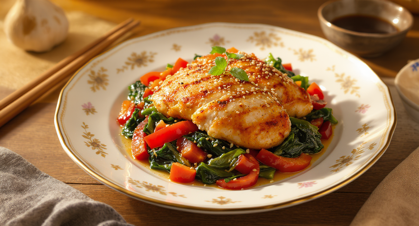 Asian Fusion Ginger-Garlic Chicken with Sautéed Greens