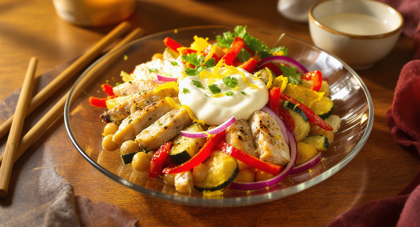 Mediterranean Lemon-Herb Chicken Bowls with Roasted Vegetables & Tahini Yogurt