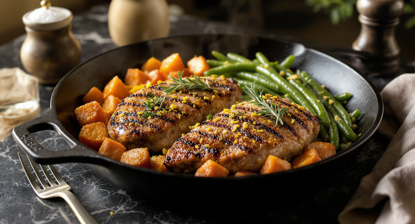 Lemon Herb Grilled Chicken with Roasted Sweet Potatoes and Garlicky Green Beans