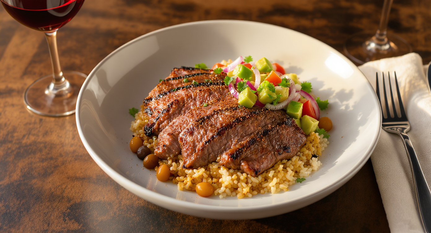 Grilled Carne Asada Bowl with Black Beans and Avocado Salsa