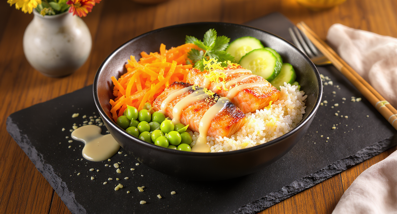 Asian Fusion Salmon Rice Bowls with Creamy Miso Sauce