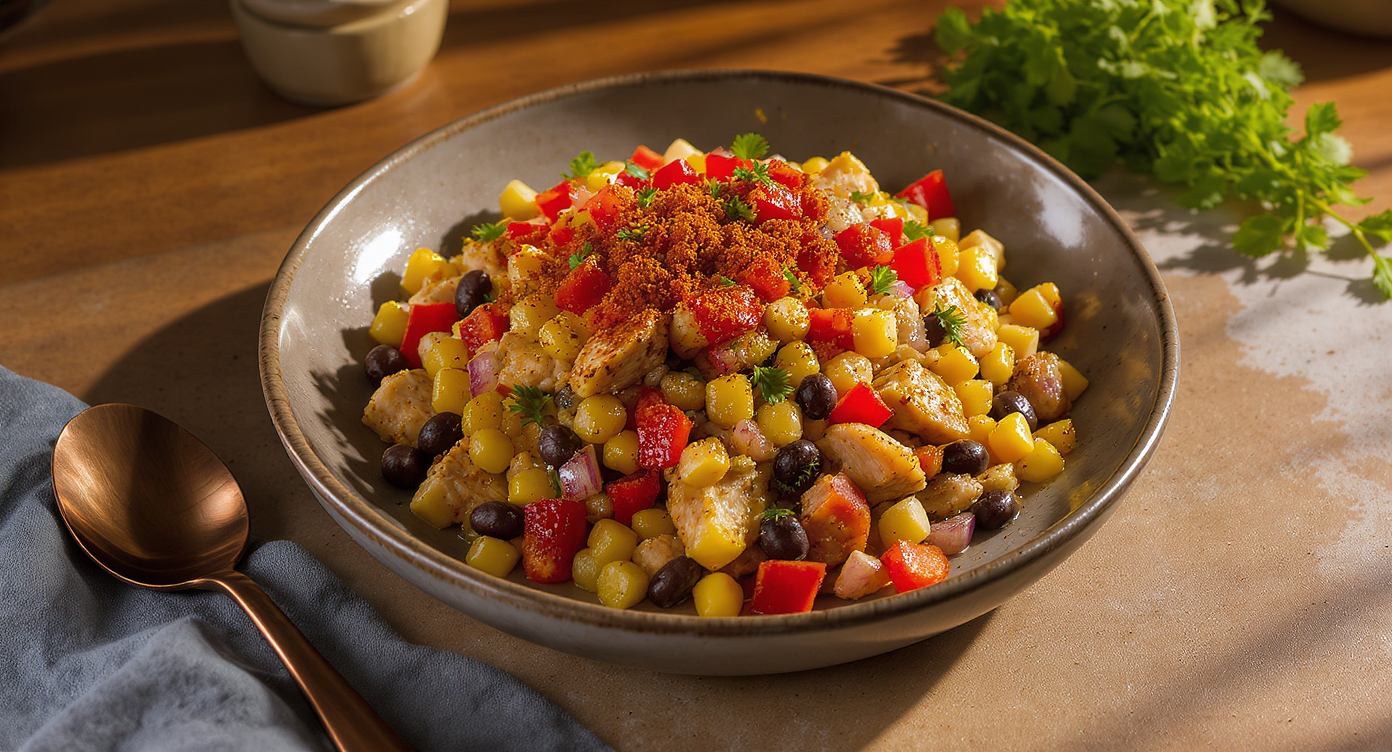 Mexican-Spiced Chicken & Black Bean Skillet with Charred Corn Salsa
