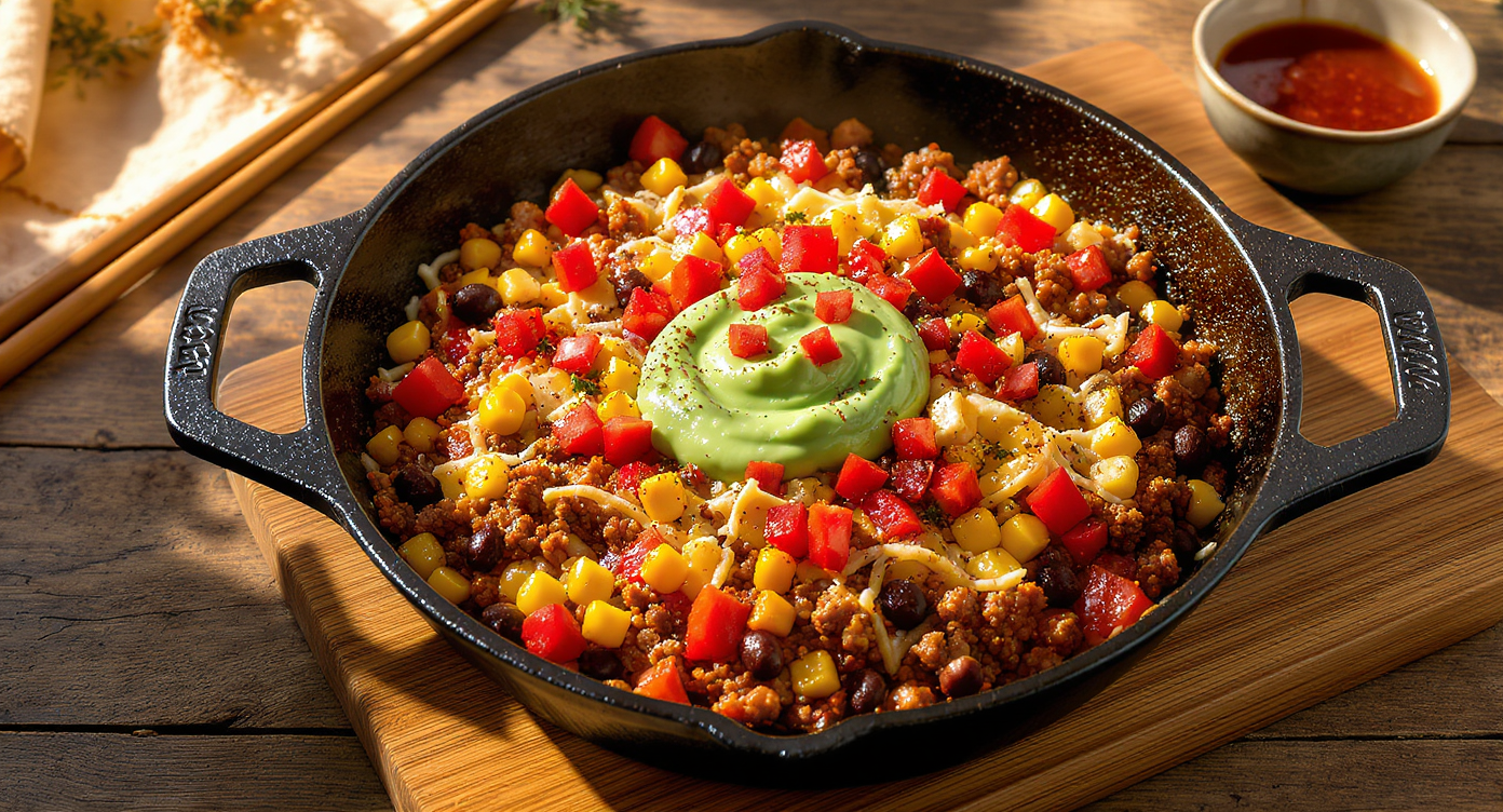 Mexican Beef and Black Bean Skillet with Avocado Crema
