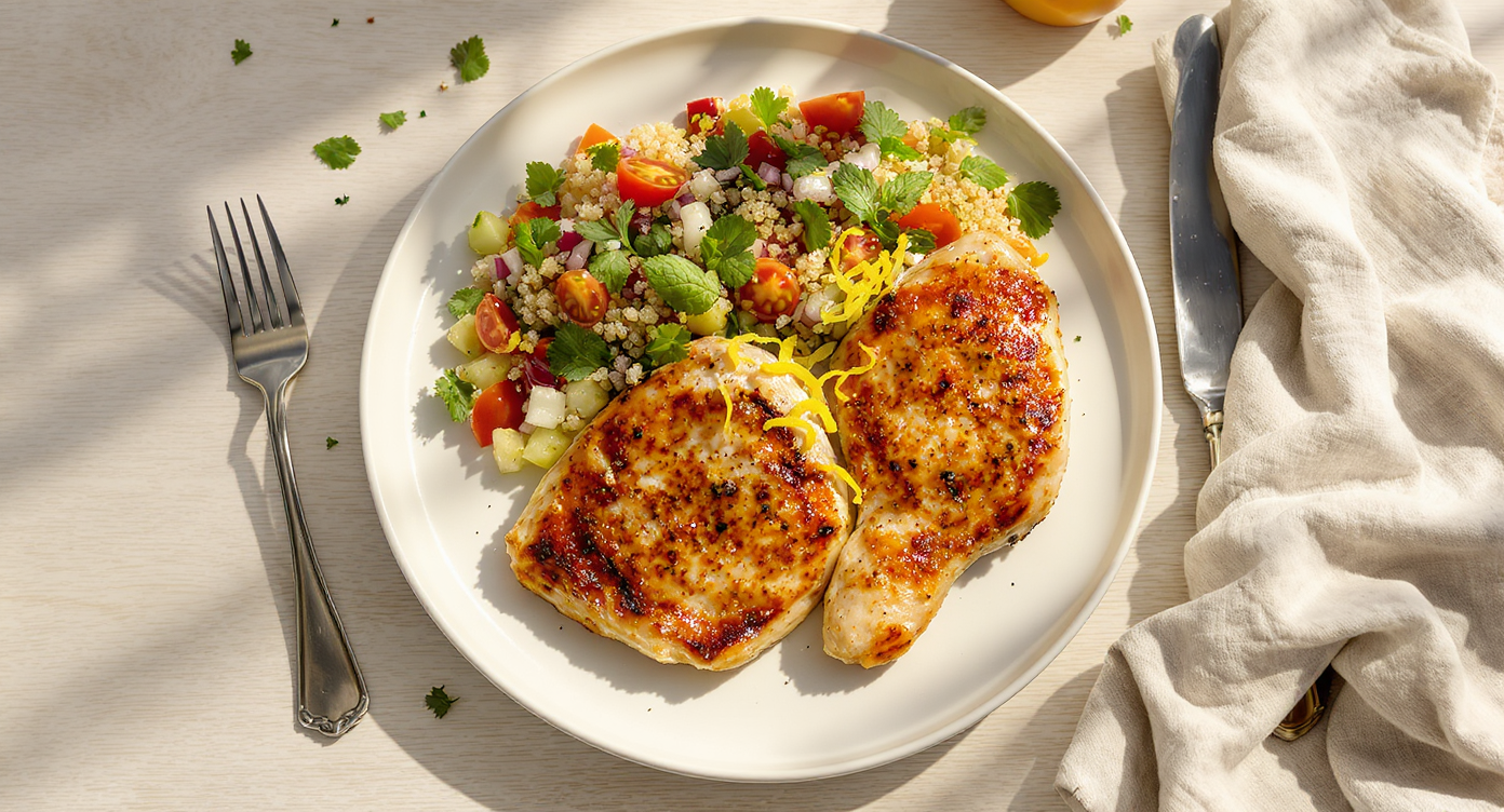 Mediterranean Lemon-Herb Chicken with Quinoa Tabbouleh