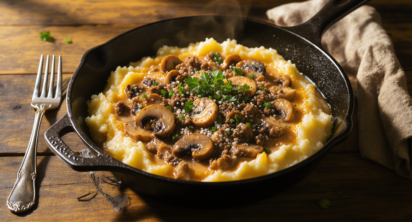 Creamy Beef & Mushroom Skillet with Garlic Mashed Potatoes