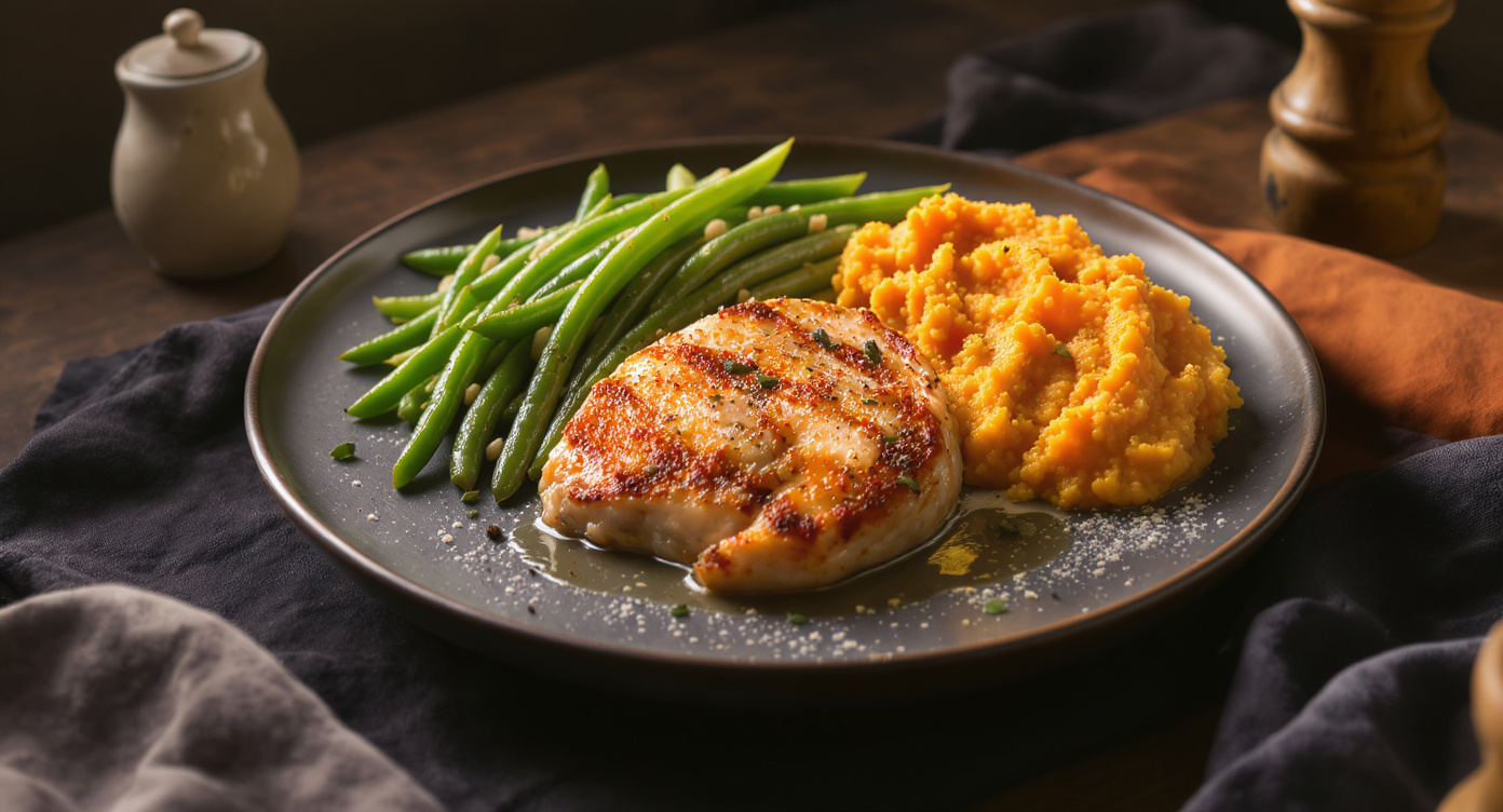 Gluten-Free Herb Roasted Chicken with Garlicky Green Beans and Sweet Potato Mash