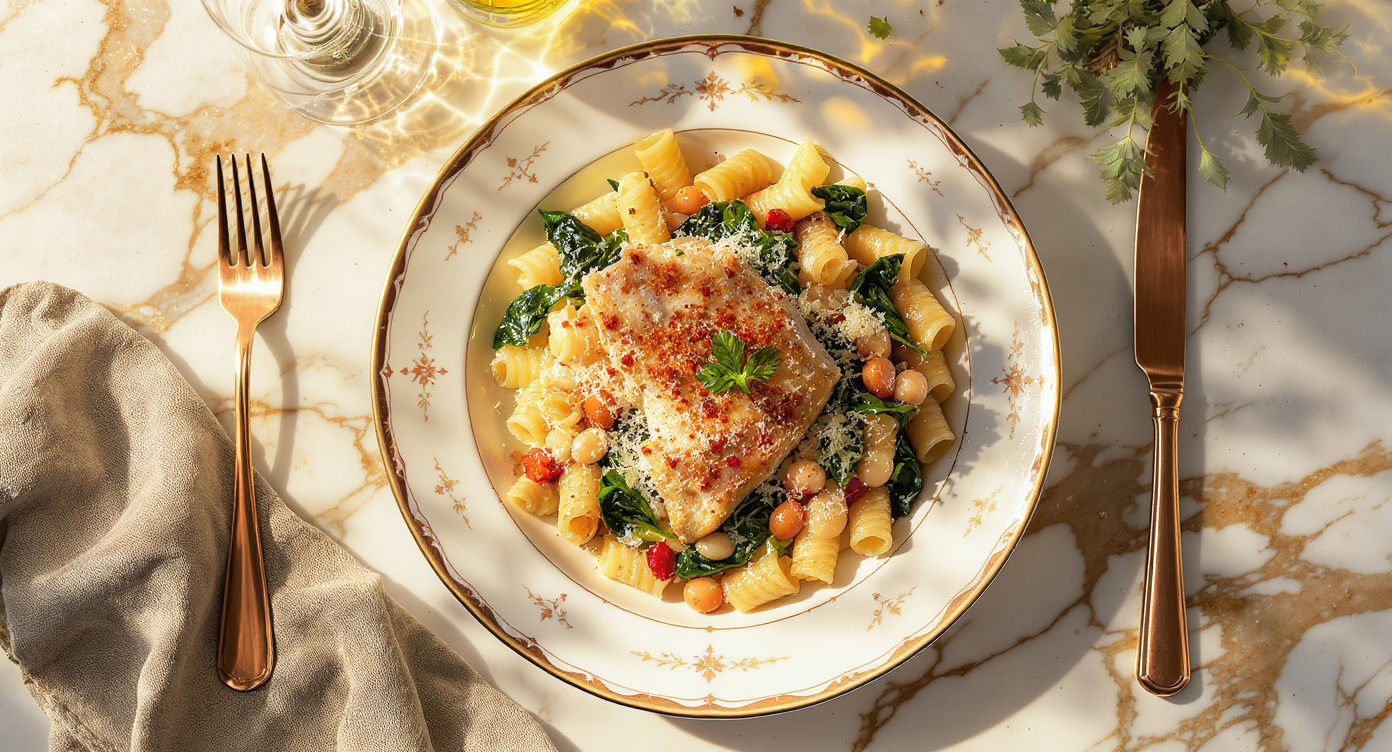 Italian Chicken & White Bean Pasta with Spinach and Parmesan