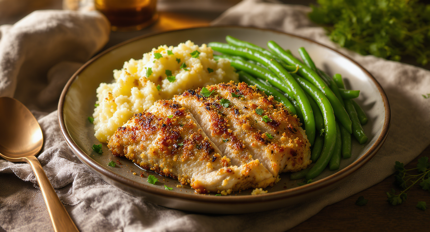 Herb-Crusted Chicken with Roasted Garlic Mashed Cauliflower and Sautéed Green Beans