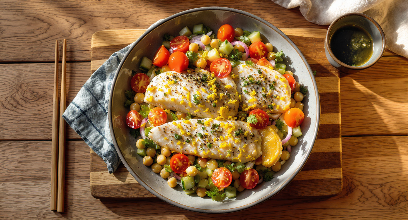 Mediterranean Lemon Herb Fish with Chickpea Salad