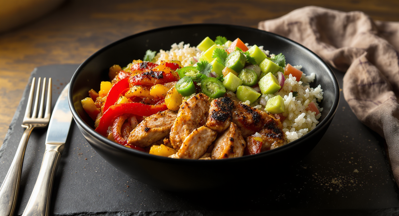 Charred Chicken Fajita Bowls with Cilantro-Lime Rice and Avocado Salsa