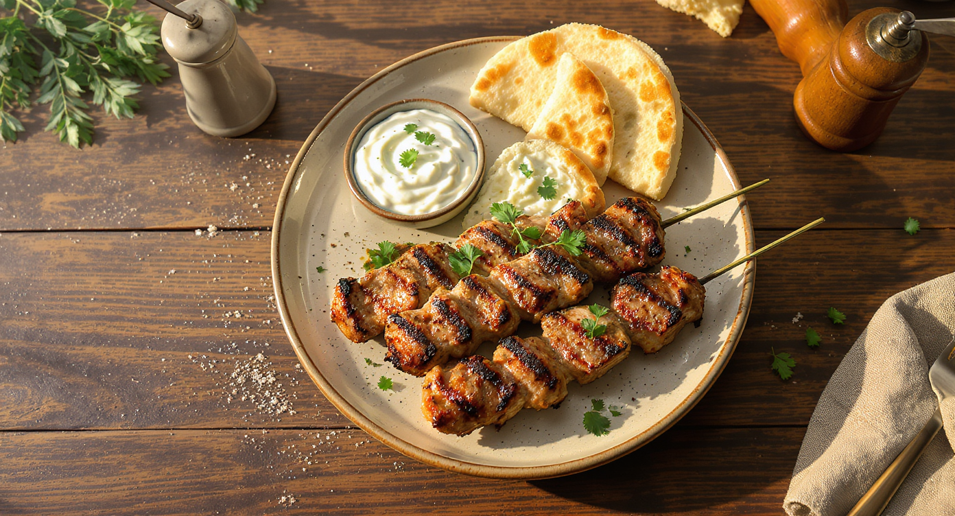 Greek Grilled Chicken Souvlaki with Tzatziki and Warm Pita