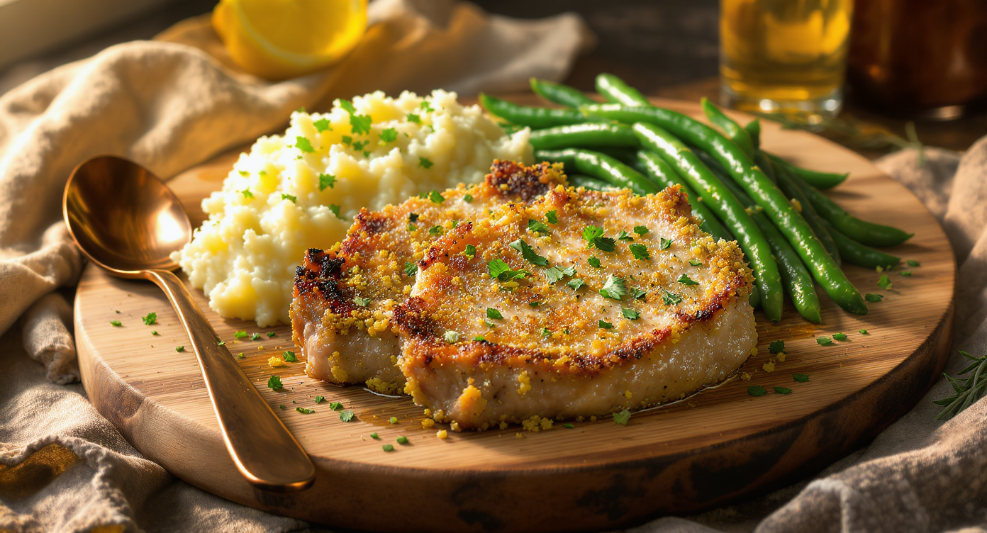 Savory Herb-Crusted Pork Chops with Garlic Mashed Potatoes & Sautéed Green Beans